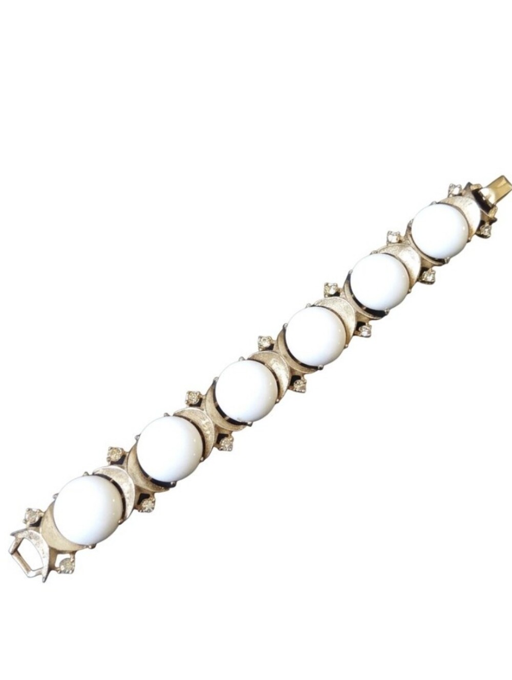 Vtg Sarah Coventry "Snow Princess" White Lucite Cabochons & Gold-Tone Bracelet